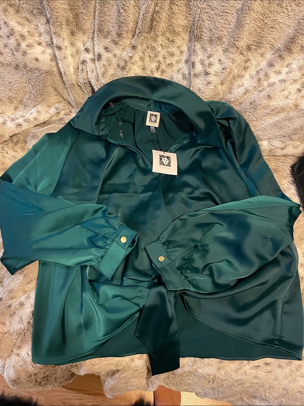 Anne Klein Emerald Satin Blouse with Gold Buttons